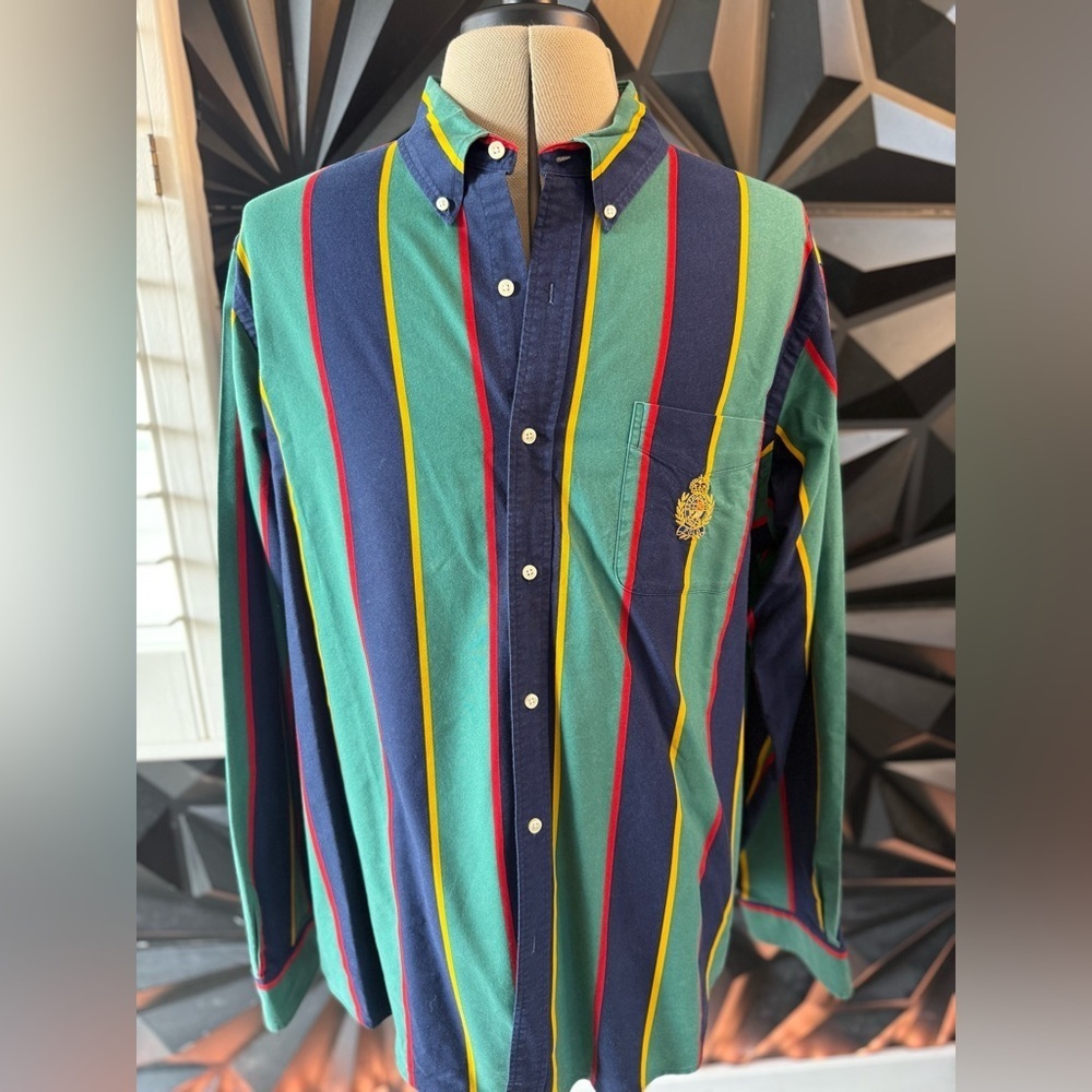Polo by Ralph Lauren Men's Green and Navy Striped Shirt - Picture 1 of 3